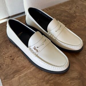 Saint Laurent Cream Leather Penny Loafers with Black Soles